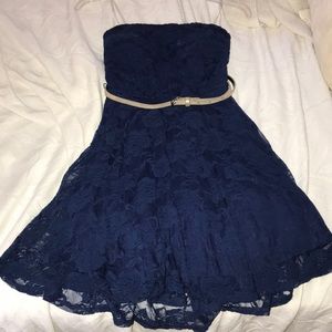 navy blue strapless lace dress w/ belt